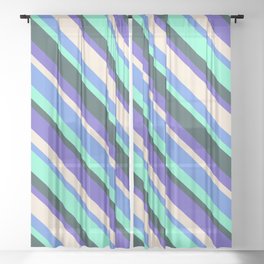 [ Thumbnail: Colorful Cornflower Blue, Aquamarine, Dark Slate Gray, Slate Blue & Beige Colored Stripes Pattern Sheer Curtain ]