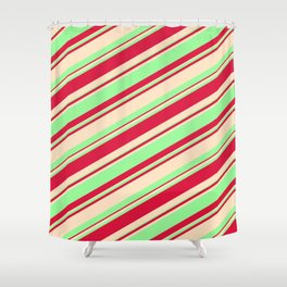 [ Thumbnail: Bisque, Green, and Crimson Colored Striped/Lined Pattern Shower Curtain ]