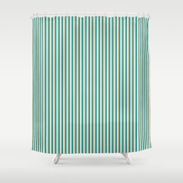 [ Thumbnail: Tan, Dark Cyan, and Light Cyan Colored Striped Pattern Shower Curtain ]