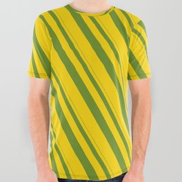 [ Thumbnail: Green and Yellow Colored Pattern of Stripes All Over Graphic Tee ]