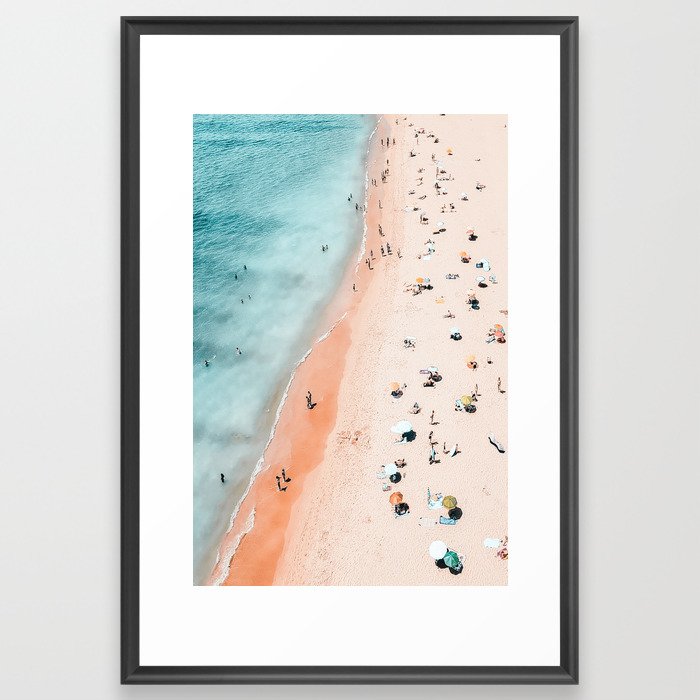 People Umbrellas On Beach, Aerial Ocean Beach, Aerial Sea Print, Aerial Ocean Waves, Summer Vibes Framed Art Print