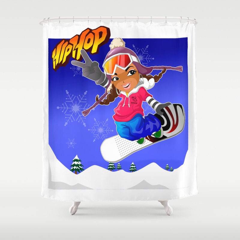 Hip Hop Cartoon Girl on Snowboard Shower Curtain by mario's | Society6