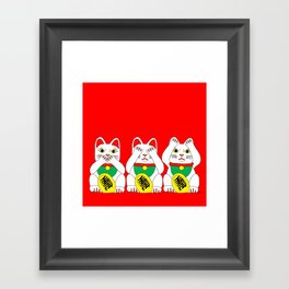 Three Wise Lucky Cats on Red Framed Art Print