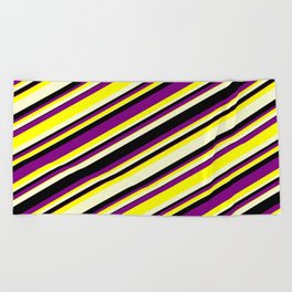 [ Thumbnail: Purple, Yellow, Light Yellow & Black Colored Lines/Stripes Pattern Beach Towel ]
