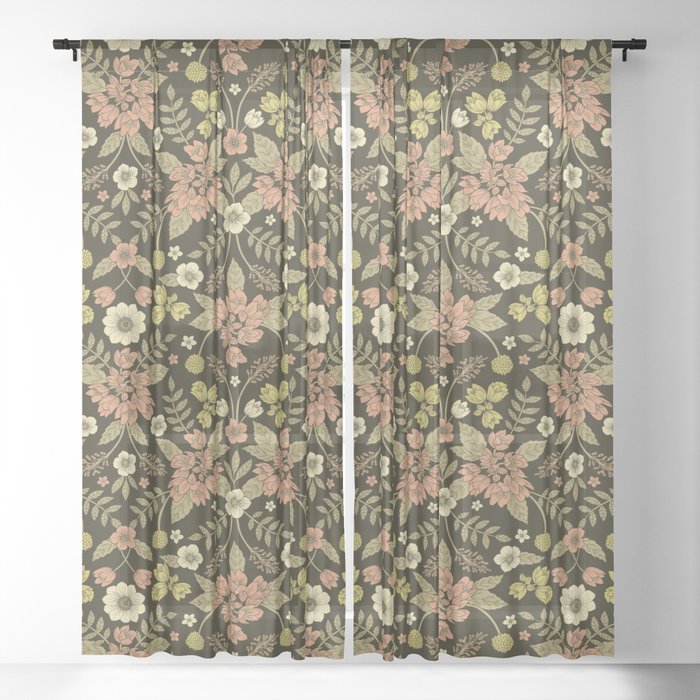 Cream Fl Pattern Sheer Curtain, Dark Green And Cream Curtains