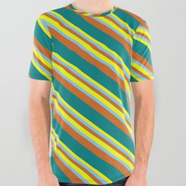 [ Thumbnail: Yellow, Light Sky Blue, Chocolate & Teal Colored Pattern of Stripes All Over Graphic Tee ]