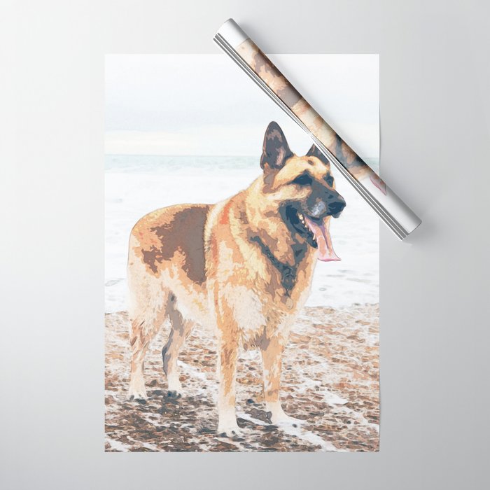 Long Tongue German Shepherd Dog On The Beach Wrapping Paper By Azllip