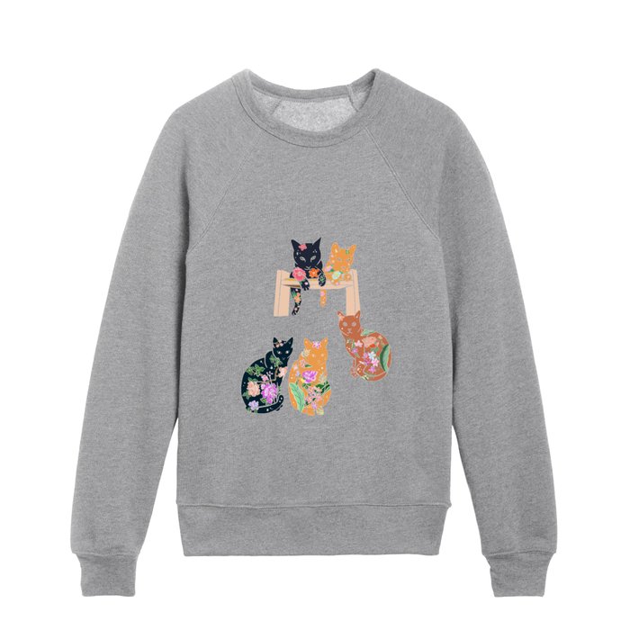 5 cute cats with florals Kids Crewneck