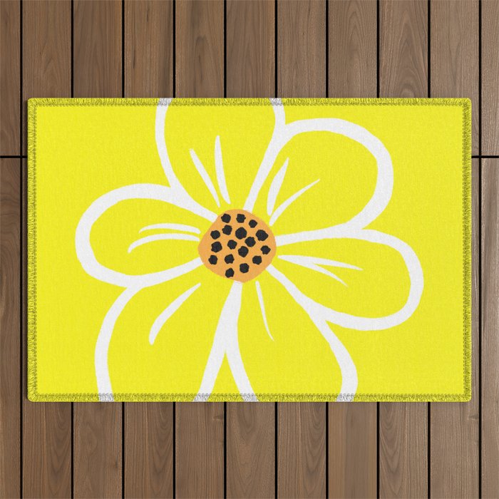 Big Bright Daisy Flower On Lemon Yellow Retro Mid-Century Modern Floral Illustrated Design Outdoor Rug