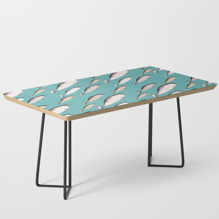 Narwhals - Narwhal Whale Pattern Watercolor Illustration Teal Blue Coffee Table