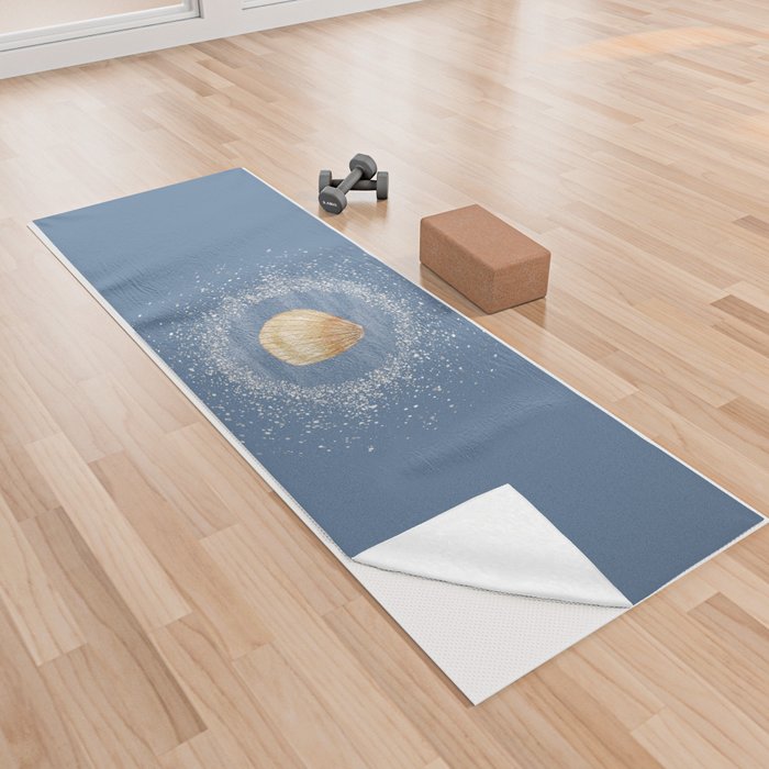 Watercolor Seashell and Sand on Slate Blue Yoga Towel