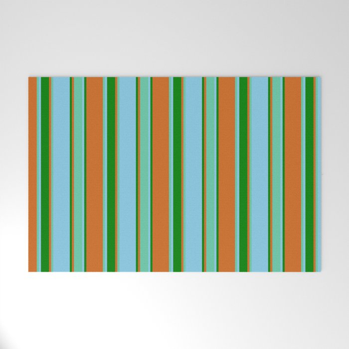 Chocolate, Aquamarine, Sky Blue & Green Colored Stripes Pattern Welcome Mat