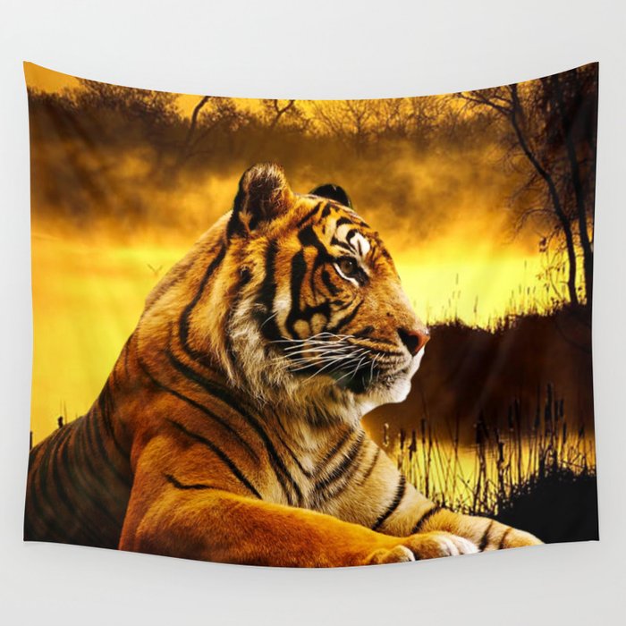 Tiger and Sunset Wall Tapestry