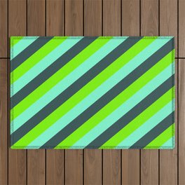[ Thumbnail: Green, Aquamarine, and Dark Slate Gray Colored Stripes/Lines Pattern Outdoor Rug ]