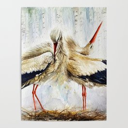 Storks in the nest watercolor Poster