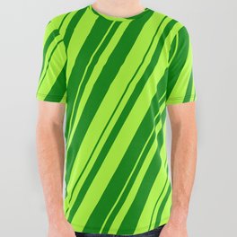[ Thumbnail: Light Green & Green Colored Striped Pattern All Over Graphic Tee ]