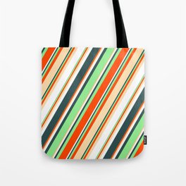 [ Thumbnail: Light Green, Red, Tan, White, and Dark Slate Gray Colored Striped Pattern Tote Bag ]