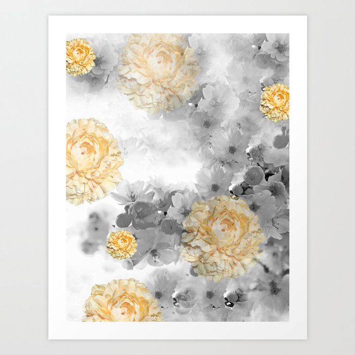 CHERRY BLOSSOMS AND YELLOW ROSES GRAY and WHITE Art Print