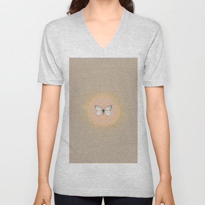 Hand-Drawn Butterfly and Gold Circle Frame on Nude Beige V Neck T Shirt