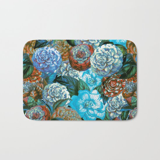 Vintage & Shabby - blue floral camellia flowers watercolor pattern Bath Mat