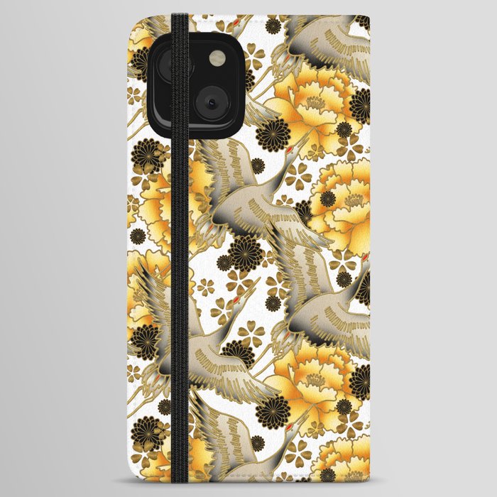 Japanese Crane pattern with Yellow peonies on White iPhone Wallet Case