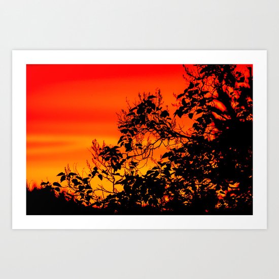 Silhouette of leaf with red autumn sky Art Print