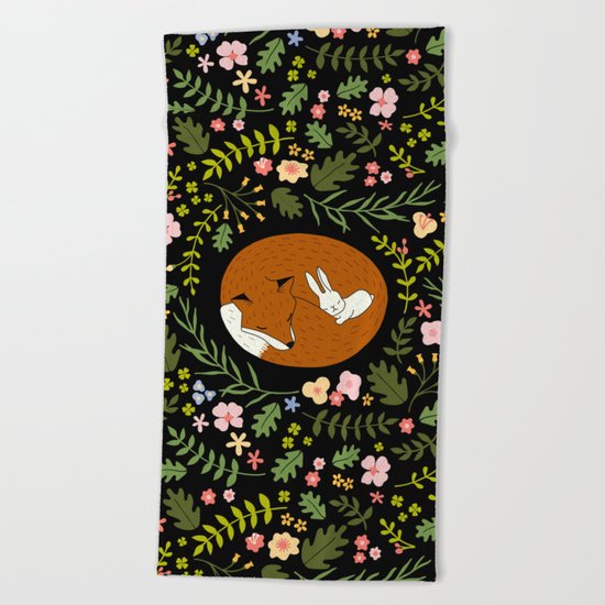 Friendship in Wildlife_Fox and Bunny_Bg Black Beach Towel