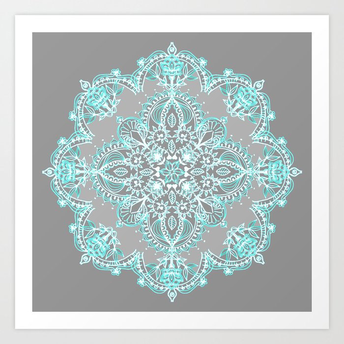 Teal and Aqua Lace Mandala on Grey Art Print
