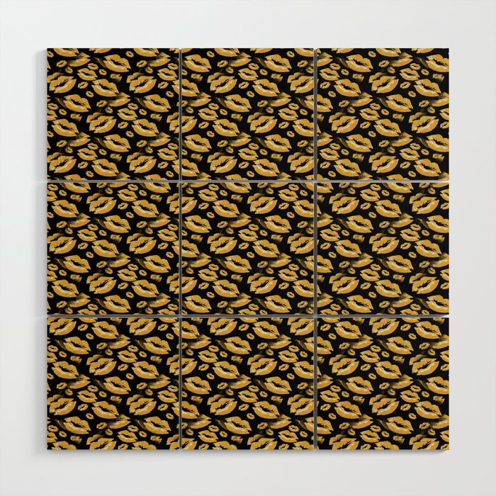 Two Kisses Collided Yellow Colored Lips Pattern Wood Wall Art