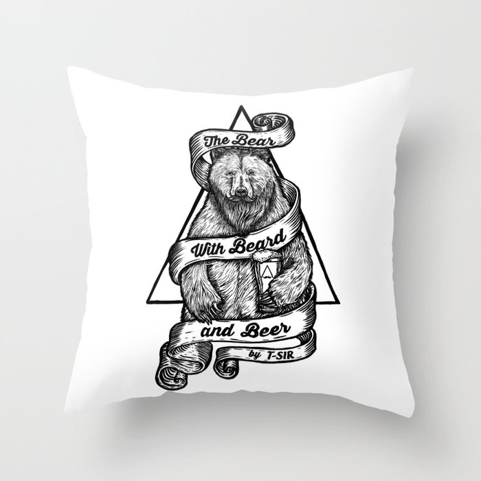 The Bear with Beard and Beer Throw Pillow