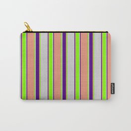 [ Thumbnail: Light Grey, Chartreuse, Dark Salmon, and Indigo Colored Striped/Lined Pattern Carry-All Pouch ]