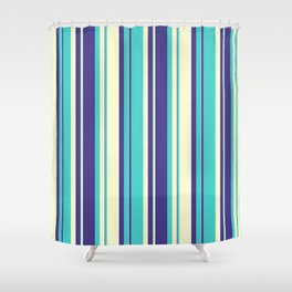[ Thumbnail: Dark Slate Blue, Turquoise & Light Yellow Colored Striped/Lined Pattern Shower Curtain ]