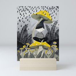 woodland mushrooms rain illustration Mini Art Print