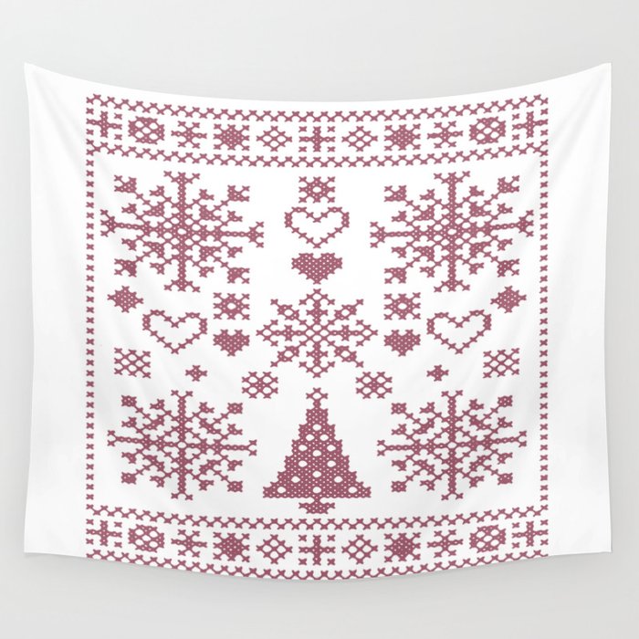 Christmas Cross Stitch Embroidery Sampler Pink And White Wall Tapestry