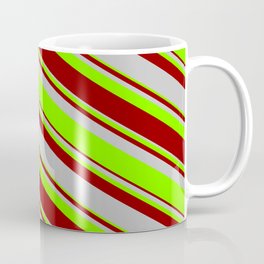 [ Thumbnail: Dark Red, Grey & Chartreuse Colored Lined/Striped Pattern Coffee Mug ]