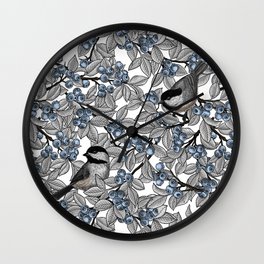Chickadees on blueberry branches Wall Clock