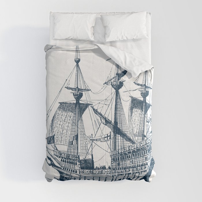 Blue vintage nautical wind sailing boat Comforter
