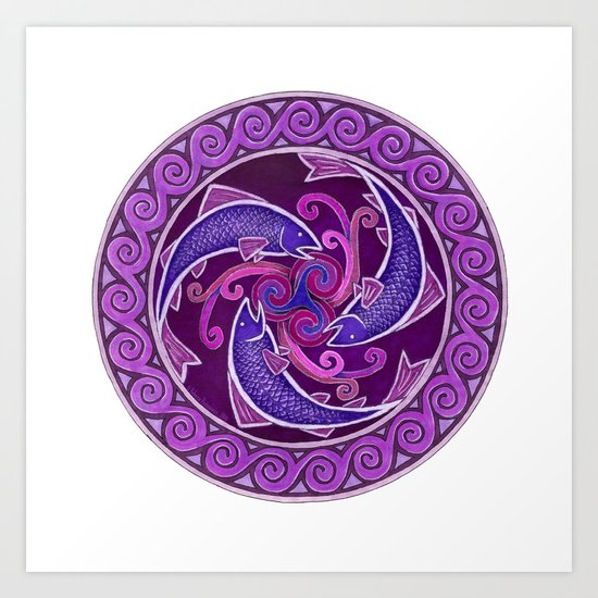 Purple Fish Spiral Celtic Mandala Art Print