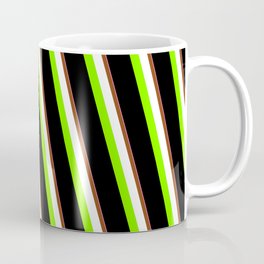 [ Thumbnail: Eyecatching Hot Pink, Brown, White, Chartreuse & Black Colored Pattern of Stripes Coffee Mug ]