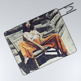 Woman Sitting On Brown Wooden Armchair Outdoor Picnic Blanket