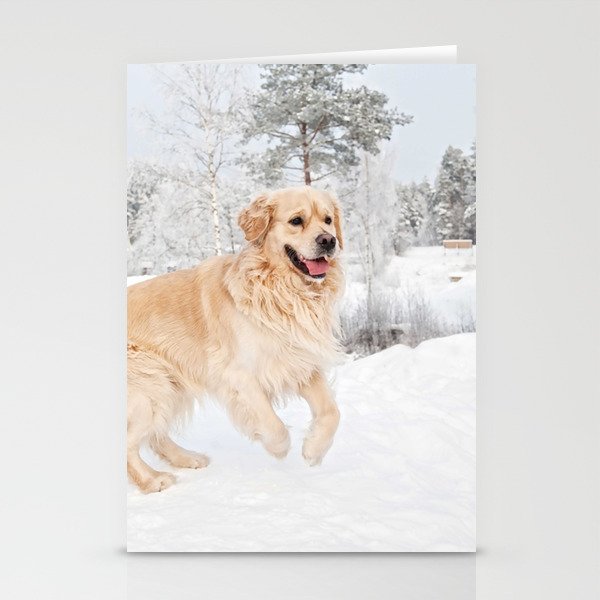 Golden Retriever Running Snow  Stationery Cards