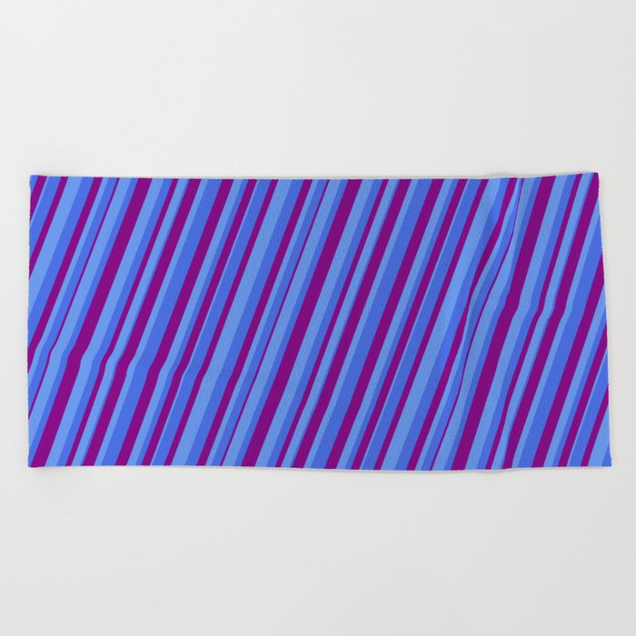 Cornflower Blue, Royal Blue & Purple Colored Pattern of Stripes Beach Towel