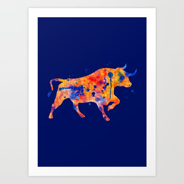 Watercolor Bull Painting Blue Navy Red Orange Yellow Art Print By