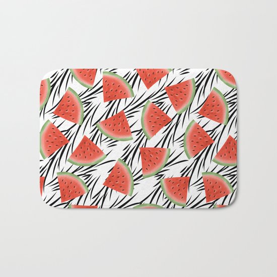 Watermelon slices on white black stripes on the background. Bath Mat