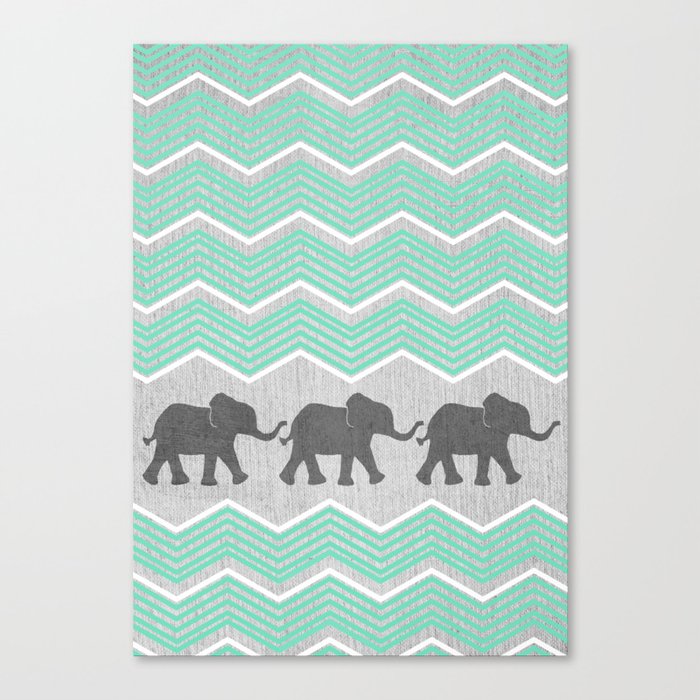 Three Elephants - Teal and White Chevron on Grey Canvas Print