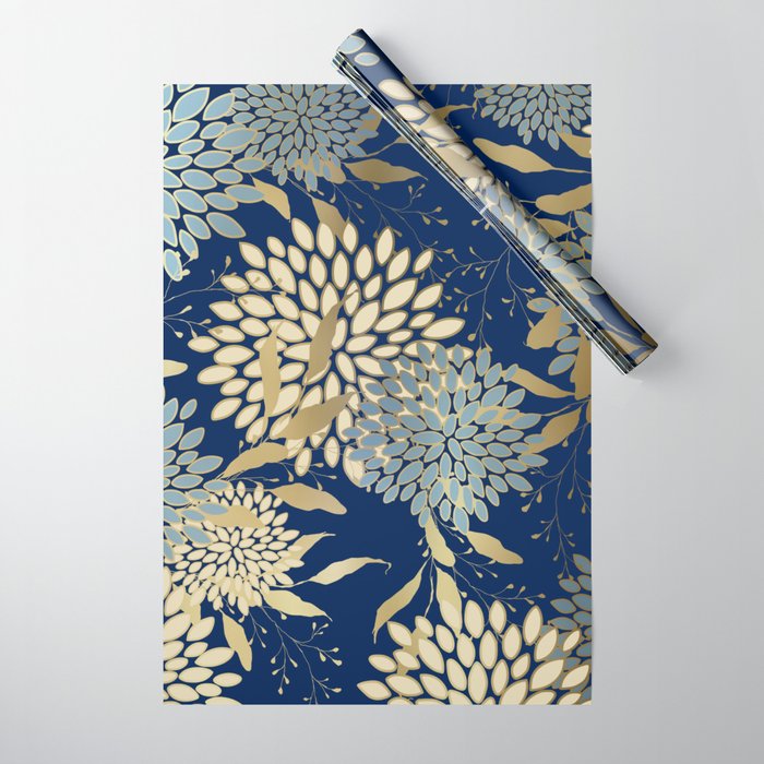Floral Blooms and Leave Blue Navy Gold Cream Wrapping Paper by