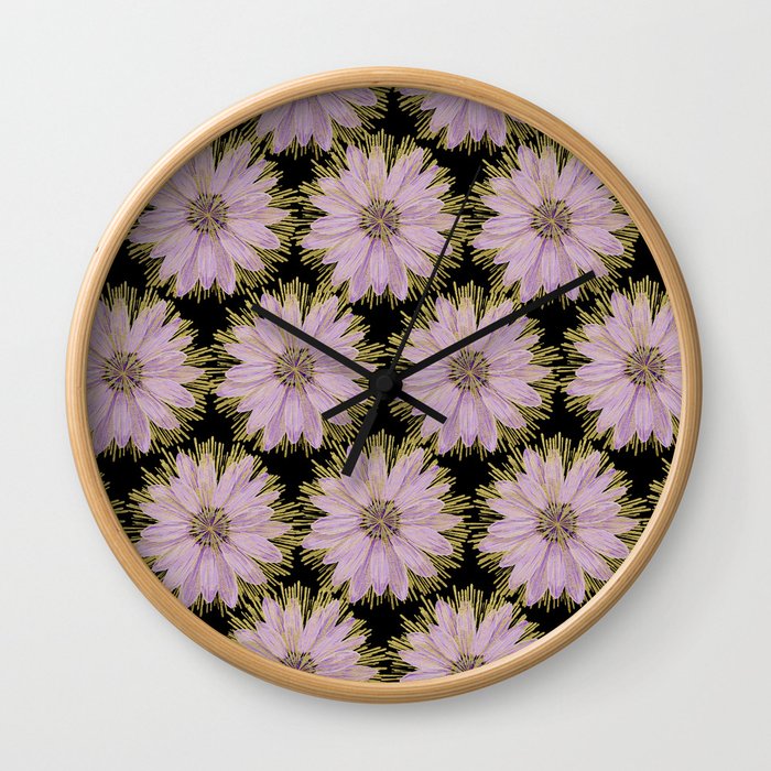 Large Gold & Lilac Flowers On Black Wall Clock