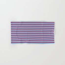 [ Thumbnail: Dark Slate Blue, Sky Blue, and Light Coral Colored Stripes Pattern Hand & Bath Towel ]