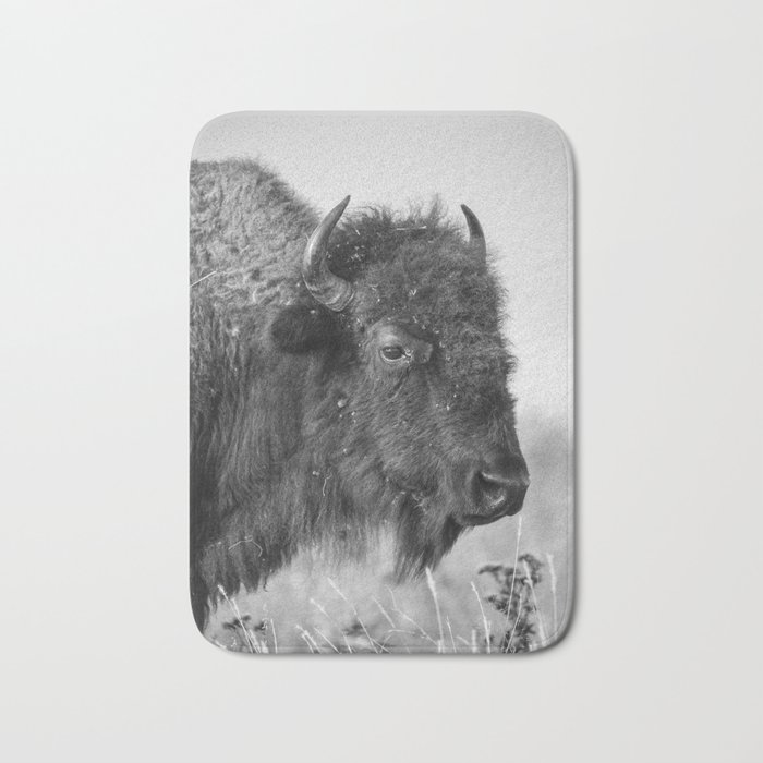 Profile of a Bison - Black and White Portrait of Buffalo on the Tallgrass Prairie in Oklahoma Bath Mat