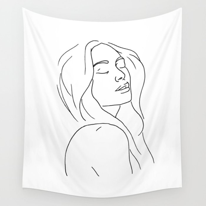 Woman in Reverie Line Drawing Wall Tapestry